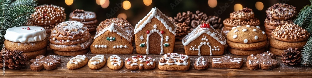 Holiday Baking: Images of festive cookies, gingerbread houses, and holiday treats beautifully arranged on rustic wooden tables Holiday Baking: Images of festive cookies, gingerbread houses, and holiday treats beautifully arranged on rustic wooden tables