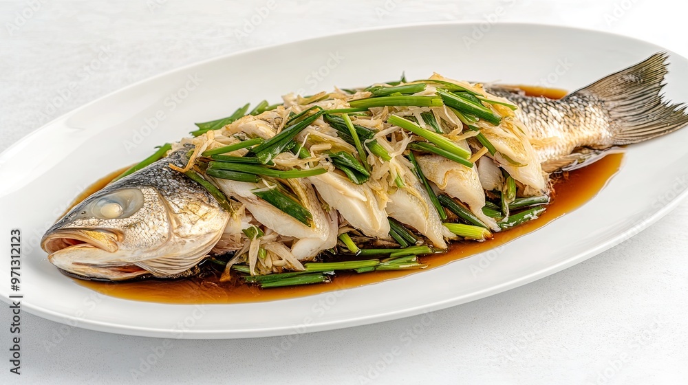 Steamed fish with ginger and scallions on a platter. Steamed fish with ginger and scallions on a platter.
