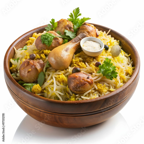 a bowl of biryani with chicken pieces on a transgay photo