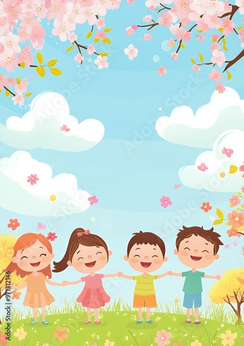 Four happy children holding hands in a blooming spring meadow.