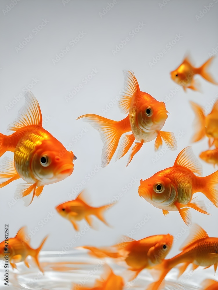 Tiny goldfish in a bowl of water against a completely white background Tiny goldfish in a bowl of water against a completely white background
