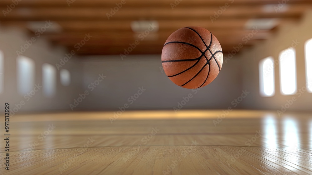 A basketball in mid-air above a wooden court. A basketball in mid-air above a wooden court.