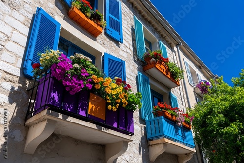 The colorful shutters and balconies of Arles' old town, with potted plants and laundry hanging out to dry photo