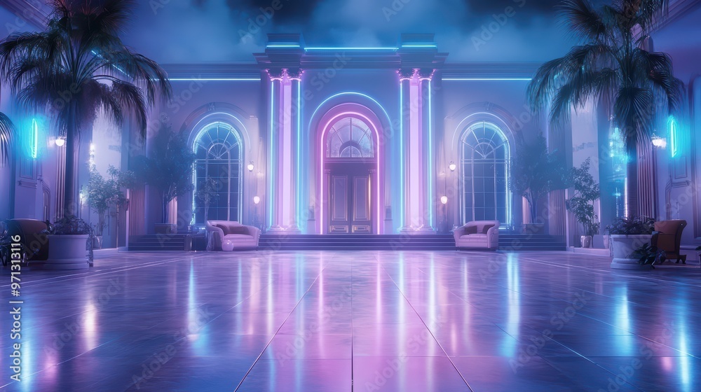 A vibrant, neon-lit hall with glossy floors and palm trees, creating an inviting and futuristic atmosphere. A vibrant, neon-lit hall with glossy floors and palm trees, creating an inviting and futuristic atmosphere.