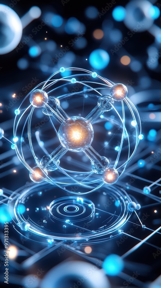 A vibrant illustration of an atomic structure, showcasing electrons orbiting a nucleus in a digital, futuristic design. A vibrant illustration of an atomic structure, showcasing electrons orbiting a nucleus in a digital, futuristic design.