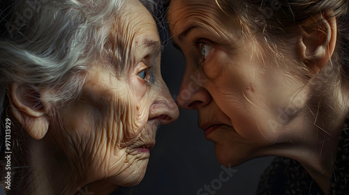 a young female nurse looks at an elderly female patient