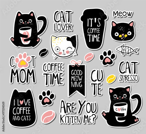 Set of cats badges, patches, stickers. Vector doodle illustration EPS10