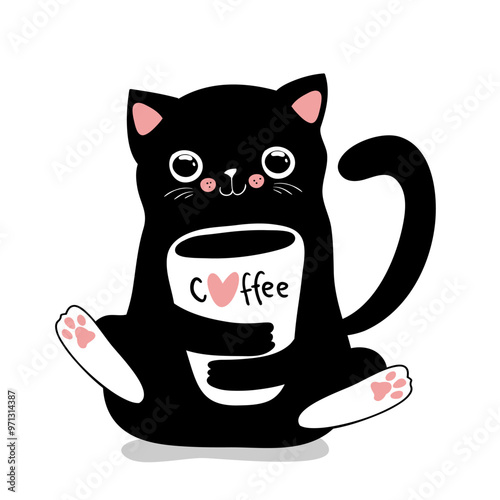 Black Cat holding Coffee cup, perfect for Caffeine Lovers, Cat Lovers. Kawaii flat style, Vector Illustration.