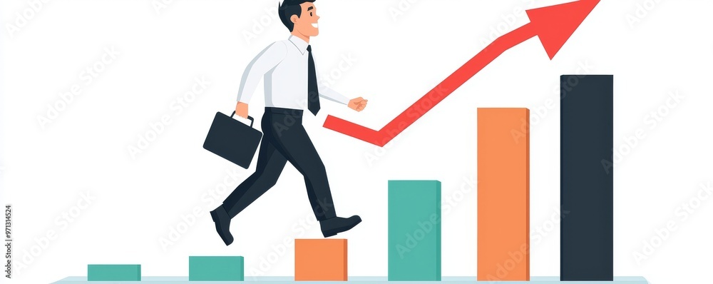 Businessman climbing profit bar chart with rising red arrow Businessman climbing profit bar chart with rising red arrow