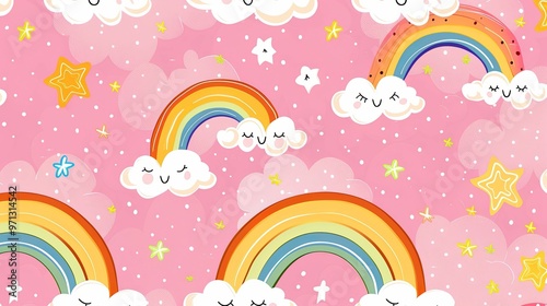 Cartoon Rainbow Pattern with Stars and Clouds