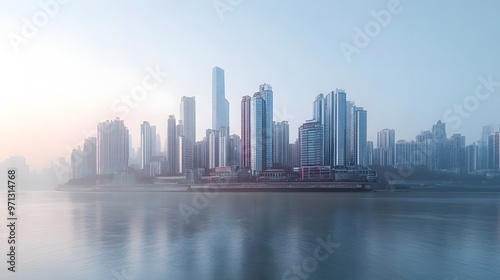 City Skyline Reflected in Calm Water at Dawn