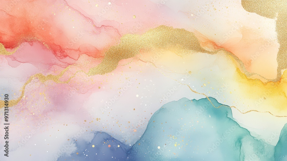 Mystical space-inspired watercolor art with pastel hues, soft rainbows, and shimmering gold accents. Dreamy prism effect. Mystical space-inspired watercolor art with pastel hues, soft rainbows, and shimmering gold accents. Dreamy prism effect.