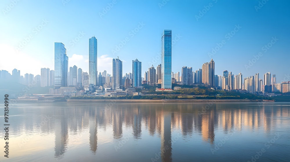 Modern Skyscrapers Reflected in a Calm River Modern Skyscrapers Reflected in a Calm River