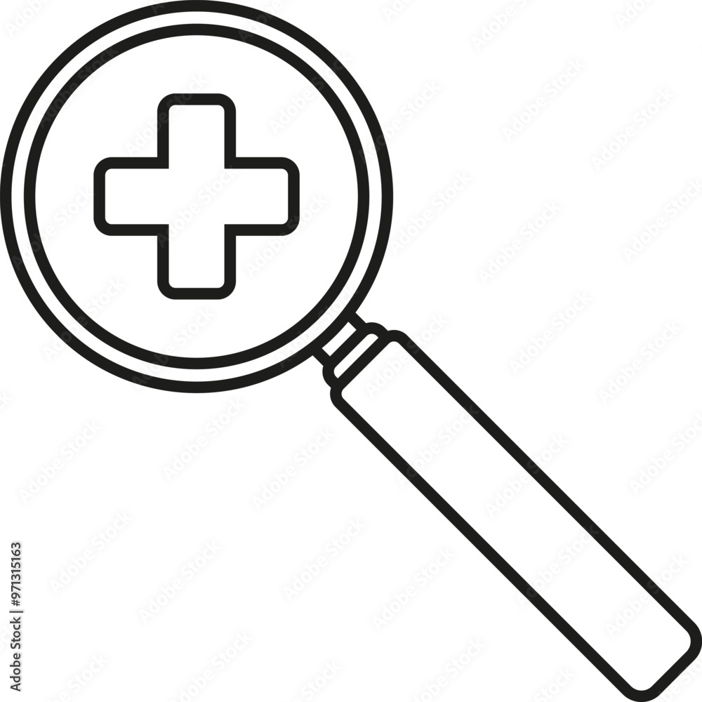 Magnifying glass with red medical cross icon. Medical search. Vector. Line style. Magnifying glass with red medical cross icon. Medical search. Vector. Line style.