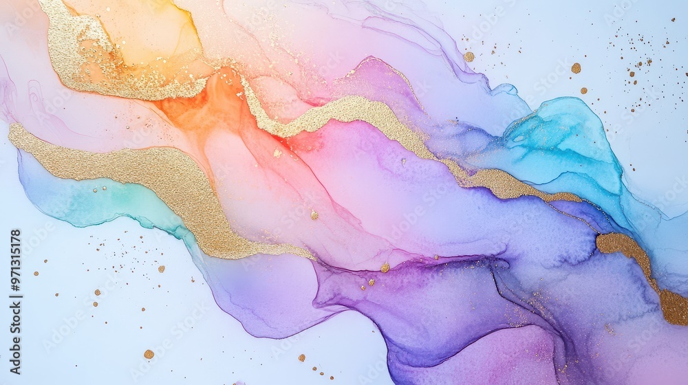 Fototapeta premium Mystical watercolor illustration with alcohol ink swirls, pastel rainbow hues, and gold accents glowing in a dreamy space.