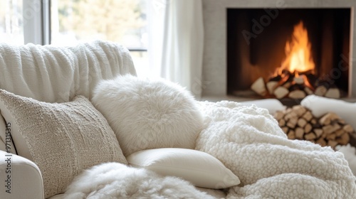 A pile of fluffy white pillows on a comfy armchair near a fireplace, offering a cozy winter retreat.