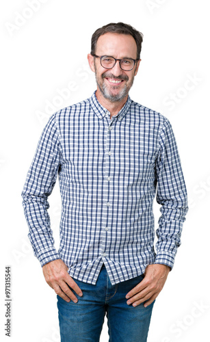 Handsome middle age elegant senior man wearing glasses over isolated background with a happy and cool smile on face. Lucky person.