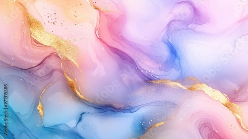 Mystical watercolor illustration with alcohol ink swirls, pastel rainbow hues, and gold accents glowing in a dreamy space.