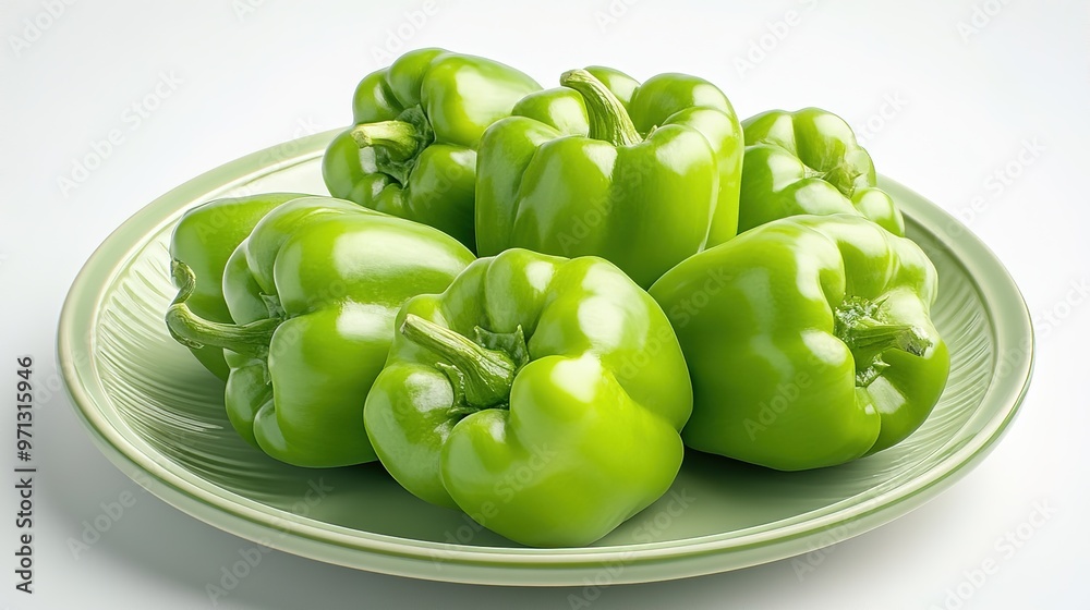 Green bell peppers displayed on a textured plate with natural lighting