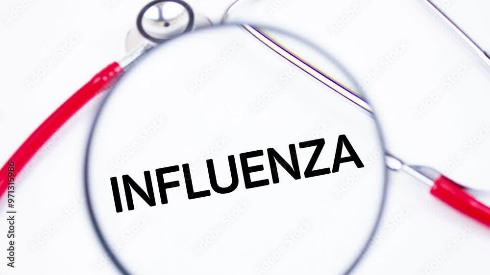 INFLUENZA text, word through magnifying glass with stethoscope on white background. Influenza medical concept,animation INFLUENZA text, word through magnifying glass with stethoscope on white background. Influenza medical concept,animation