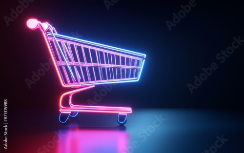 Conceptual shopping cart flying through a digital landscape, futuristic design, neon accents, Black Friday cyber deals, fast online shopping experience