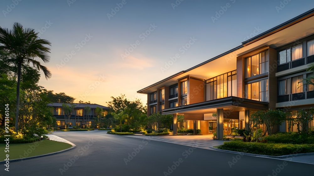 Modern Hotel Entrance with Palm Trees and a Curving Driveway at Dusk Modern Hotel Entrance with Palm Trees and a Curving Driveway at Dusk