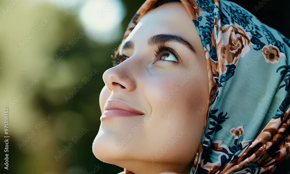 Hope and Serenity: Woman with Floral Headscarf Looking Upward Hope and Serenity: Woman with Floral Headscarf Looking Upward