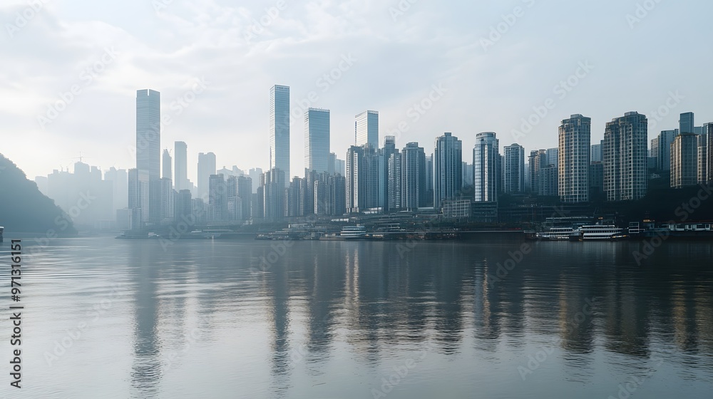 Cityscape with Skyscrapers Reflected in Rippling River Water Cityscape with Skyscrapers Reflected in Rippling River Water