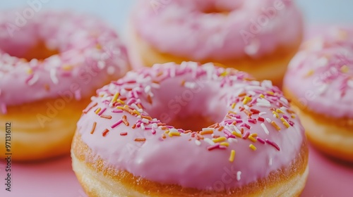 A row of colorful donuts with sprinkles on top. The donuts are arranged in a way that they look like they are in a row photo