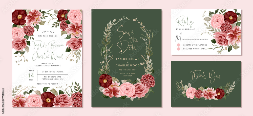 wedding invitation set with red pink green floral watercolor frame wedding invitation set with red pink green floral watercolor frame