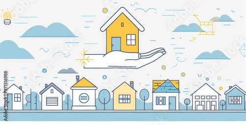 Flat line illustration of a hand holding a yellow house above a town, on a white background, in a simple minimalistic style reminiscent of vector graphics, using blue and gray colors, with a blue sky 