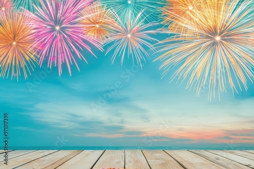 A dramatic view of fireworks illuminating the night sky, with vibrant explosions of color lighting up the horizon The bright lights and sparks create an aweinspiring Diwali scene photo