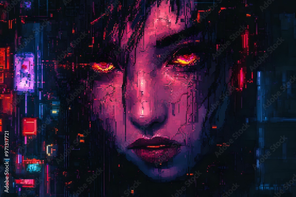 Neon Pixel Portrait, abstract, cyberpunk, aesthetic, futuristic