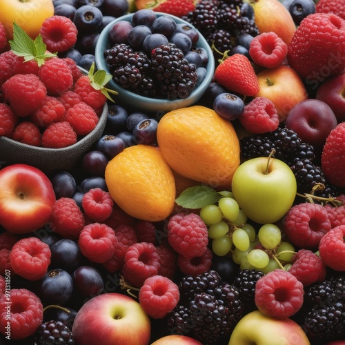 Colorful display of fresh fruits in bowls including apples oranges grapes and berries.