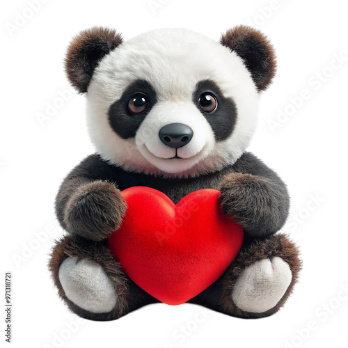 Cuddly panda holding a crimson heart Isolated on transparent background.