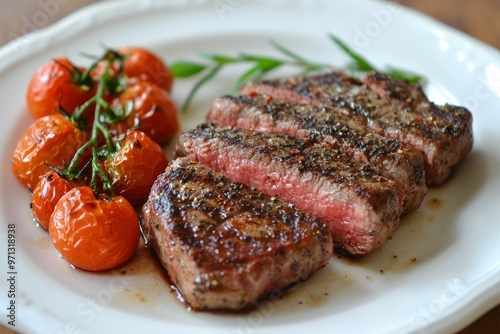 a white plate topped with steak and tomatoes