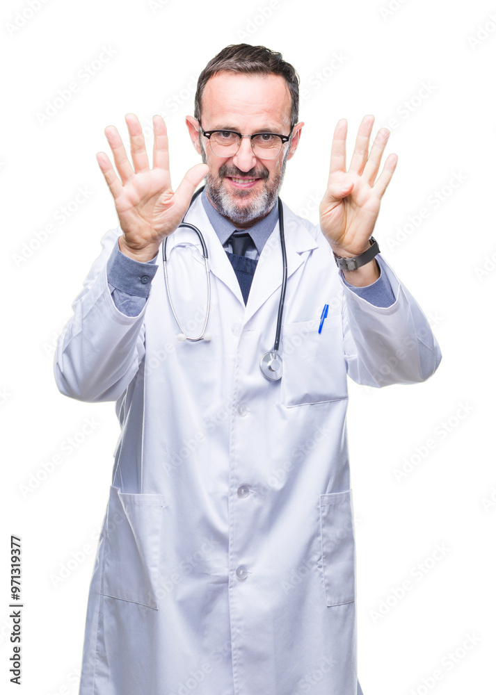 Middle age senior hoary doctor man wearing medical uniform isolated background showing and pointing up with fingers number nine while smiling confident and happy. Middle age senior hoary doctor man wearing medical uniform isolated background showing and pointing up with fingers number nine while smiling confident and happy.