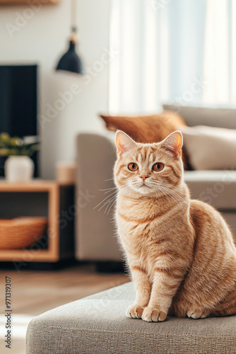 Ginger cat sitting on a couch in a cozy contemporary living room with natural light.