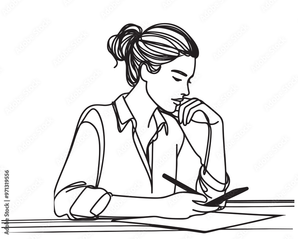 Hand sketch of young woman with smart phone. Vector illustration