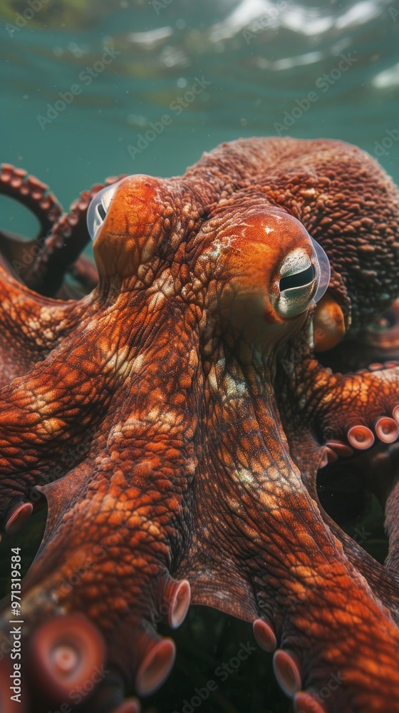 A red and tan octopus with eight spread-out arms, pink endings, and large eyes, is depicted in clear blue water surrounded by green algae, suggesting an underwater scene. A red and tan octopus with eight spread-out arms, pink endings, and large eyes, is depicted in clear blue water surrounded by green algae, suggesting an underwater scene.
