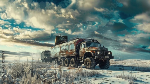 A digital painting depicts a rusty truck with eight wheels on a snowy road under a dramatic sky. Human presence hinted in the distance.