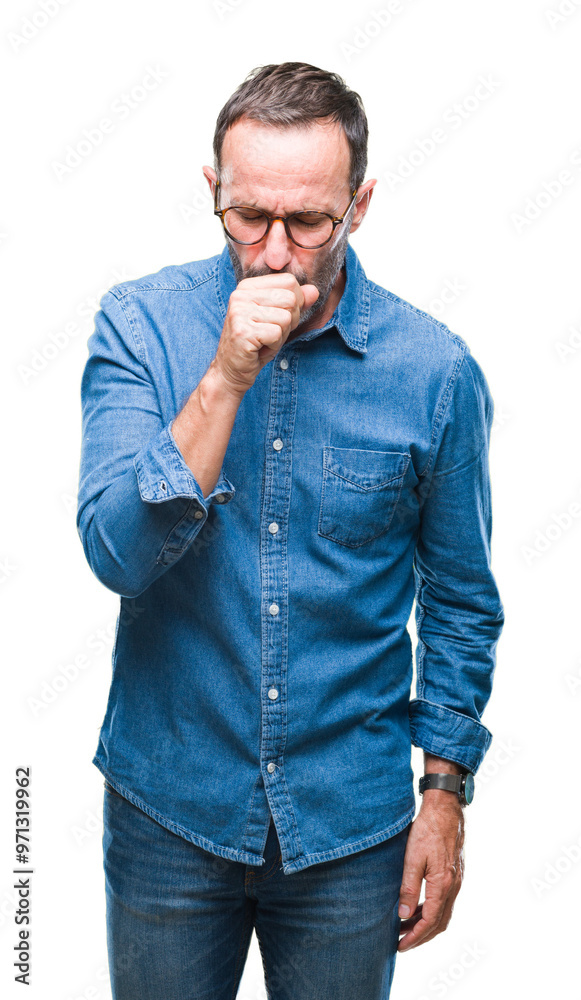 Middle age hoary senior man wearing glasses over isolated background feeling unwell and coughing as symptom for cold or bronchitis. Healthcare concept. Middle age hoary senior man wearing glasses over isolated background feeling unwell and coughing as symptom for cold or bronchitis. Healthcare concept.