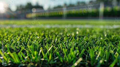 A serene image of a well-kept soccer field in sunlight, with a blurred backdrop of another pitch. Emphasizes the sportive atmosphere.
