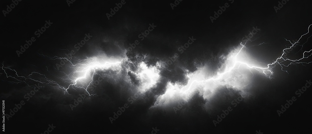 Bold black and white image of a dramatic storm with lightning bolts ...