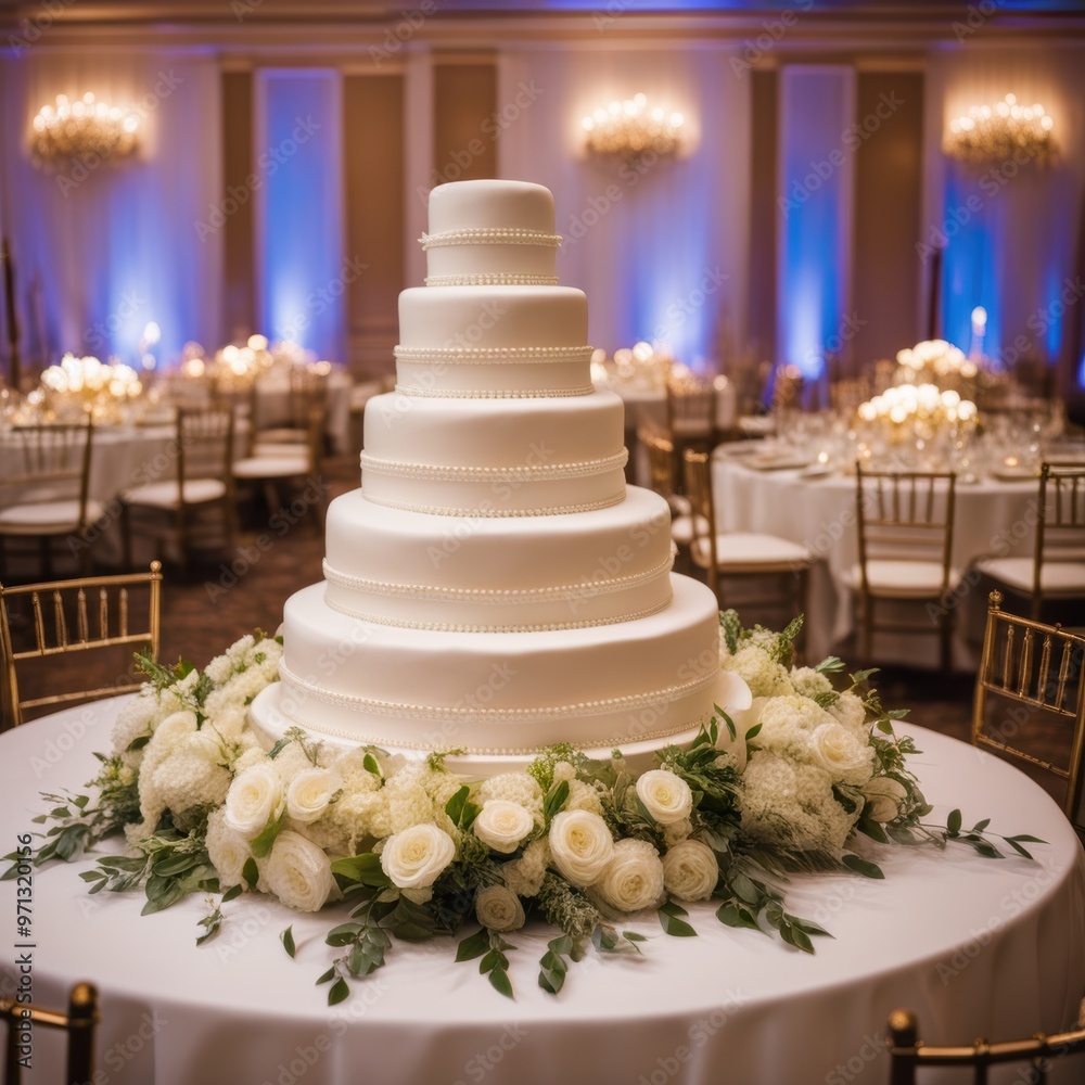 A multi-tiered white wedding cake on a blue-draped table in a formal evening setting. A multi-tiered white wedding cake on a blue-draped table in a formal evening setting.