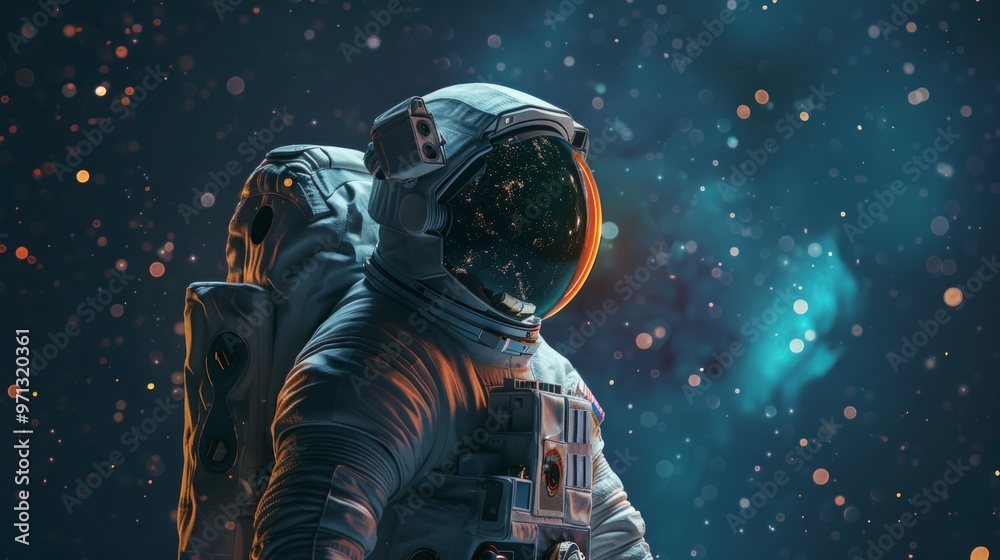 An astronaut in a silver suit stands on a blue planet gazing into a colorful cosmos, evoking a peaceful deep space ambiance. An astronaut in a silver suit stands on a blue planet gazing into a colorful cosmos, evoking a peaceful deep space ambiance.