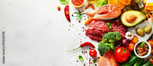 Assorted fresh foods displayed on a white background, including proteins like steak, salmon, and trout, complemented by vegetables and fruits for a balanced and visually appealing presentation.