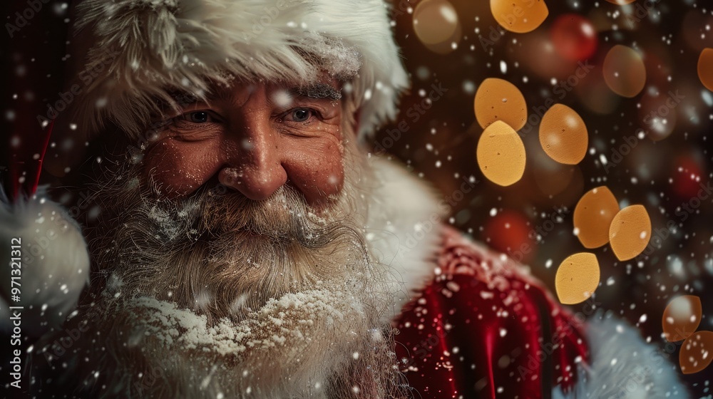 Festive portrait of santa claus surrounded by gentle snowfall and vibrant holiday lighting Festive portrait of santa claus surrounded by gentle snowfall and vibrant holiday lighting