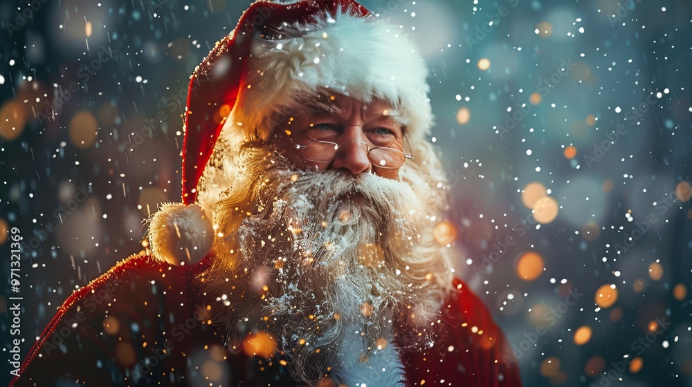 Vibrant santa claus portrait surrounded by snowfall in a warm, festive atmosphere Vibrant santa claus portrait surrounded by snowfall in a warm, festive atmosphere