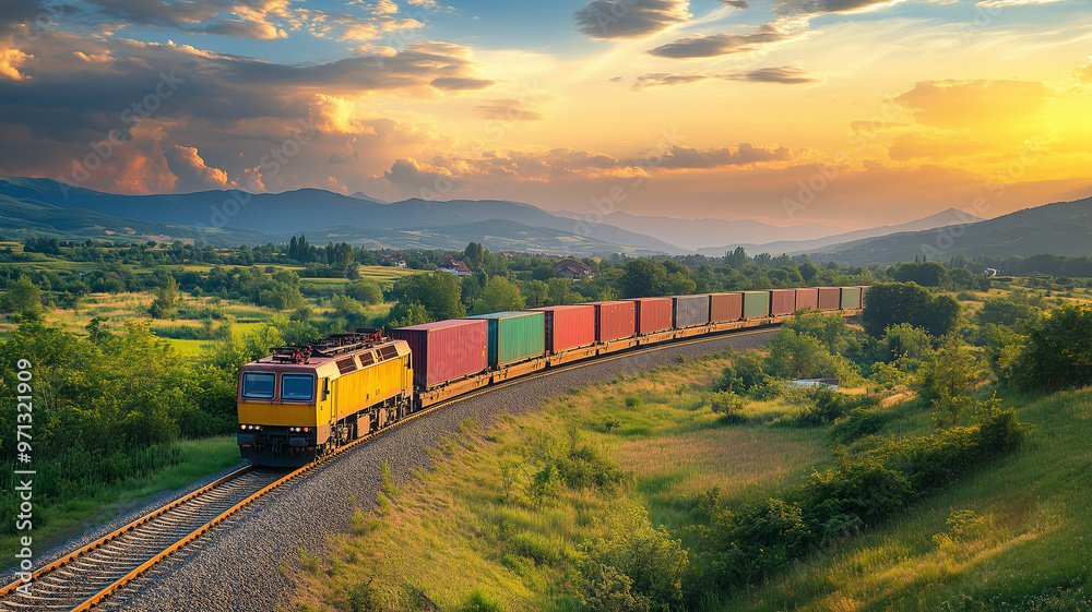 A freight train with vibrant container cars winds through a lush, green landscape at sunset. A freight train with vibrant container cars winds through a lush, green landscape at sunset.